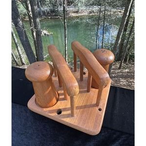 Vtg 1970 Dolphin Teakwood Wood Napkin Holder with Salt & Pepper Shakers -A20
